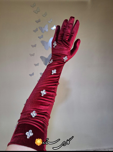 دستکش مخمل مدل گل لاله با سنگ اشکی_ بلند